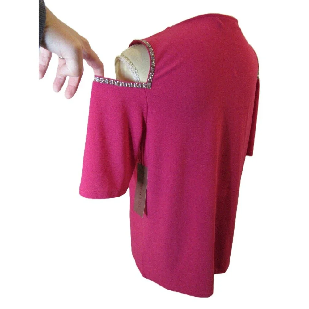 Cold Shoulder Top Glam Blouse Womens M Hot Magenta Pink Stretch Rhinestones NWT